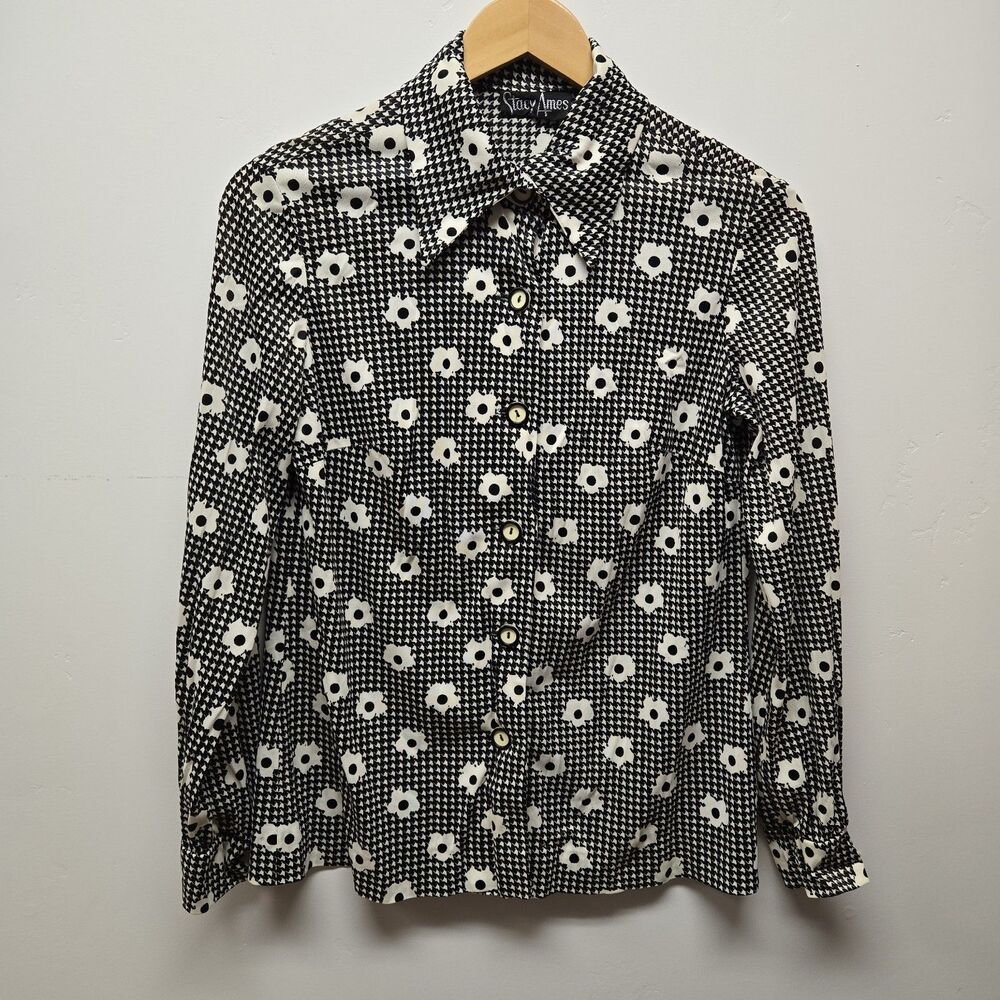 Vintage Stacy Ames 70s Daisy Floral Button Shirt Black White Funky Women sz ~Med
